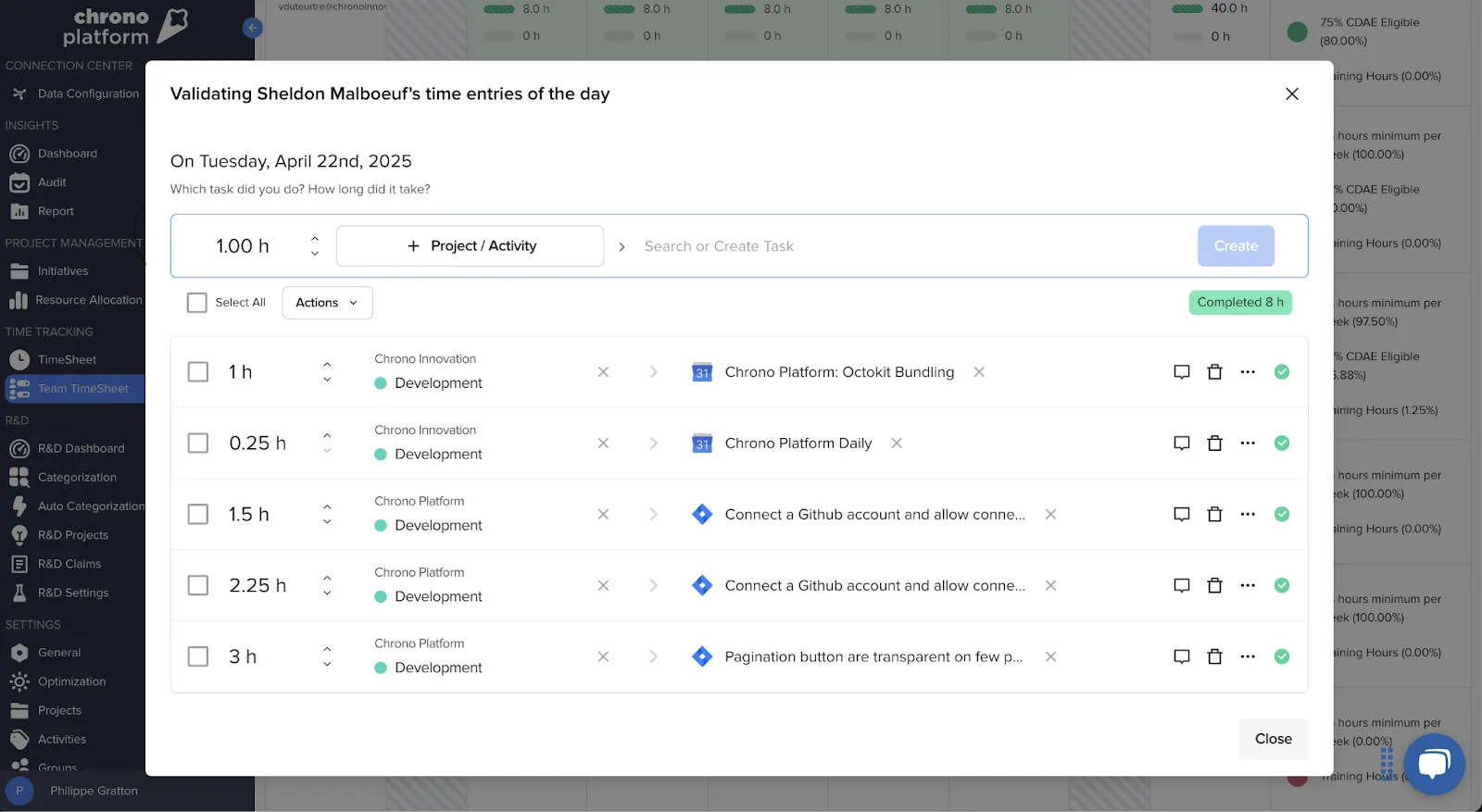 Chrono Platform time tracking dashboard